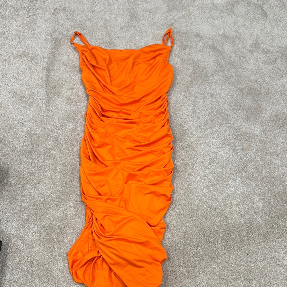 Orange Ruched Spaghetti Strap Dress
